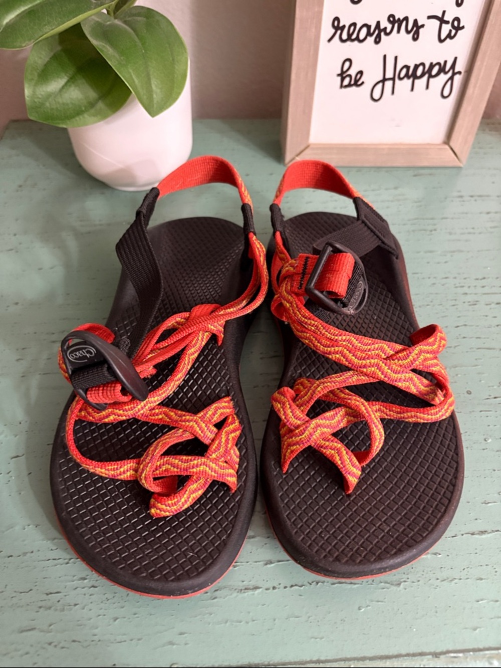 Chaco Women Sandals - Black with Red and Orange Braided Straps